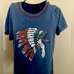 Blue Graphic Tee with Feathered Headdress Design